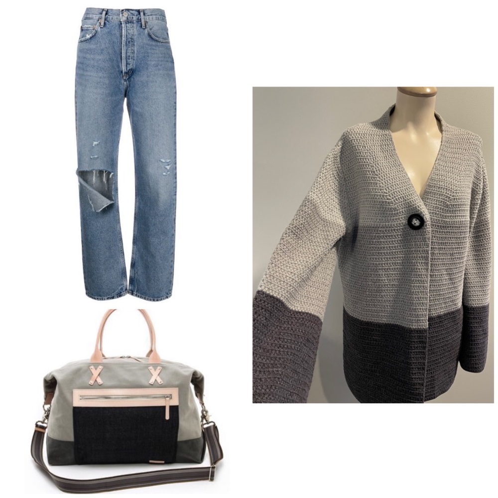 Grey Color Block Cardigan Sweater - image 1